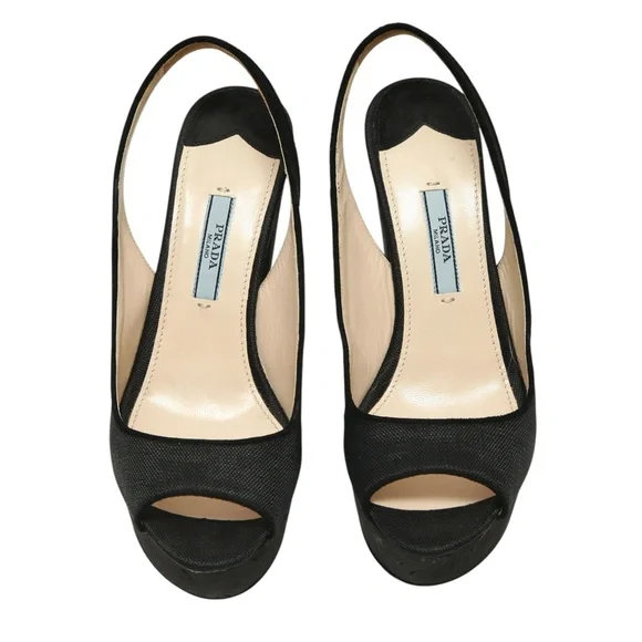 PRADA Black Pumps Platforms Sandals Slingback Fabric Brown Cork Heels Sz 36.5 - Picture 4 of 9